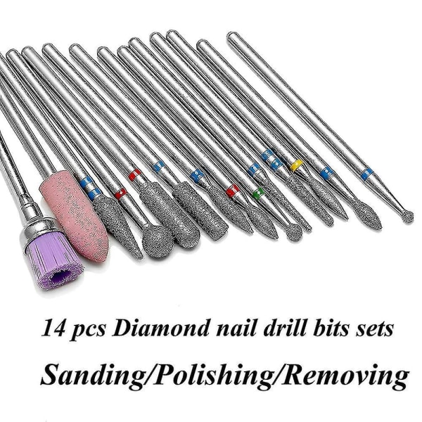 14 st set, professionella roterande graders diamantborrbitssats, 3/32&quot; Elektrisk manikyr nagelfilsbit för akrylgelnagel