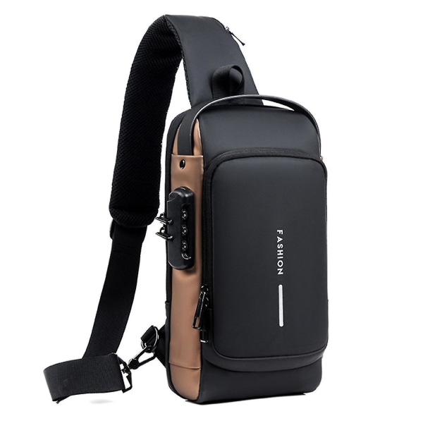 USB Charging Sport Sling Bag Hane Anti-Theft Bröstväska Med Lösenordslås Black Brown