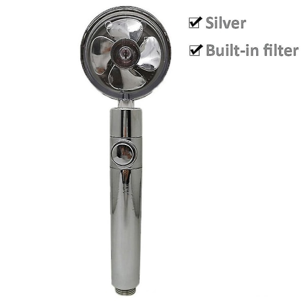 Nytt propellerduschhuvud Högtrycksvattenbesparande överladdat turboduschhuvud med fläktfilter Regnbaddusch Silver