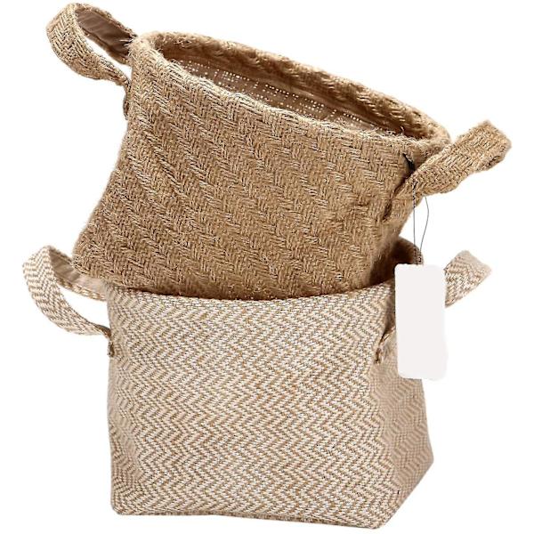 Kurver Organizer Box Binger i jute og bomull Lin Sammenleggbar med håndtak 14 * 17 * 16cm 2 stk