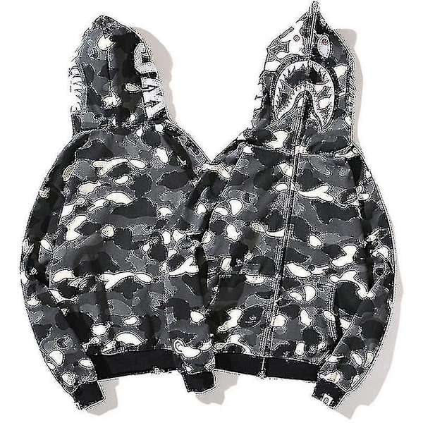Den nya Luvtröja för herr Camo Loose Zipper Jacka Sweatershirt För Herr Pojke Grey Black Grey Black M