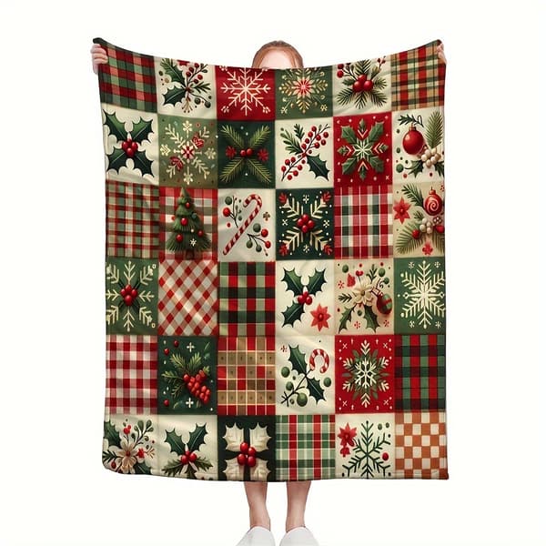 Julglädje Patchwork Fleece Tæppe - Hyggeligt rødt & grønt festligt design, blød polyester, maskinvaskbar, perfekt til stue eller soveværelse 100.0*149.99cm