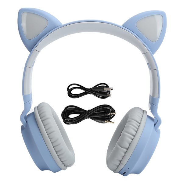 Kat Øre Hovedtelefon 3D LED Lys Trådløs Bluetooth 5.0 Foldbare Headset med Mikrofon Grå Blå