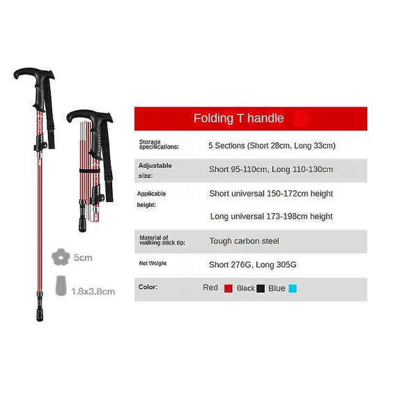 Sammenleggbare turstaver i aluminium med hurtiglåsesystem, sammenleggbare, teleskopiske, ultralette for seniorvandring, ryggsekkturer, fotturer T handle long red