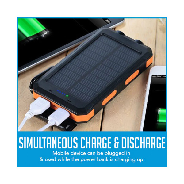 Solar PowerBank 10000mAh Dual USB Akkulaturi Taskulamppu Kompassi - Oranssi