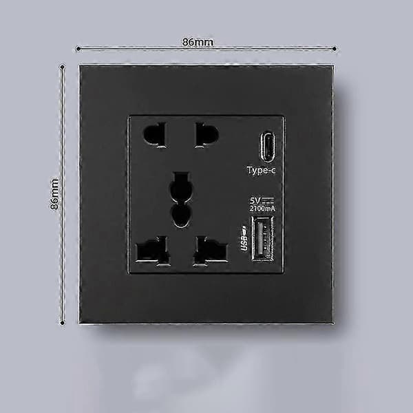 Strøm 2100ma USB-stik Krystalglaspanel 13a Stikkontakt med Type C-interface - WK Black 1PC
