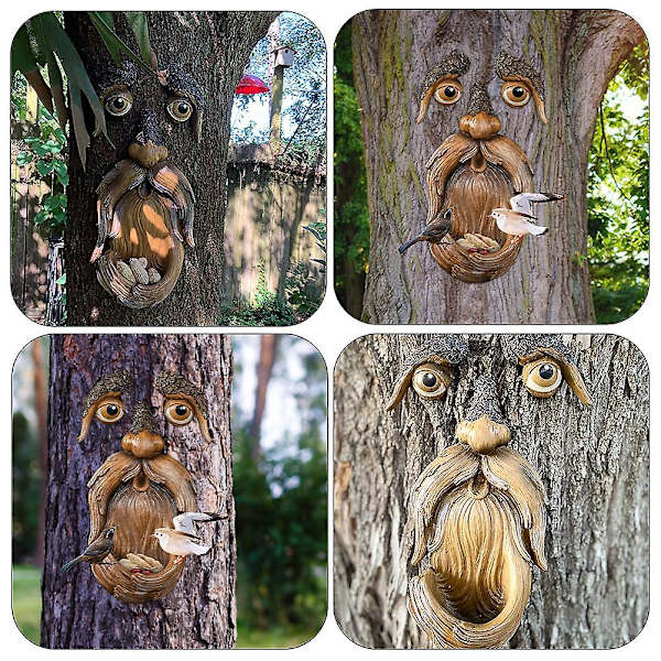 Træansigt Fugl Haveføder Ansigter Hugger Decor Udendørs Mand Gammel Skulptur Gård Vild Ornament Mørk Udsmykning Statue Lunefuldt 15X10cm As Shown