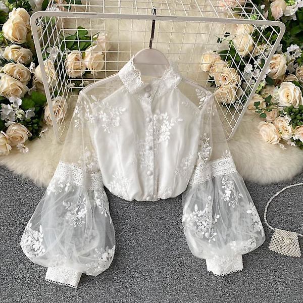 Syksyn Uusi Ranskalaistyylinen Vintage Painava Verkkokangas Kolmiulotteinen Kirjonta Bλούζα Naisille Puff-Hiha Keiju Paita Yläosa Valkoinen White