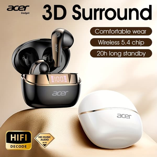 【BQ】[Ekte Acer] TWS Trådløse Hodetelefoner, Hi-Fi Høyoppløst Dekoding 【Sort】