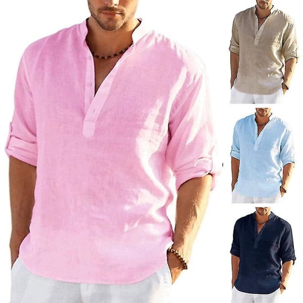 Miesten pitkähihainen pellavapaita, puuvillaa ja pellavaa casual paita, S-5xl toppi, upouusi ilmainen toimitus Pink S