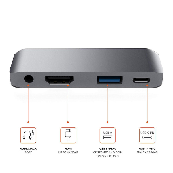 Passer for Ipad Pro Hub Usb-c til HDMI+3.5+usb+pd Hub Type-c dockingstasjon grå grey