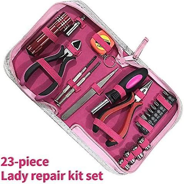 Pink værktøjssæt i 23 dele til kvinder med lyserødt nylon-opbevaringsetui til gør-det-selv og hjemmereparation