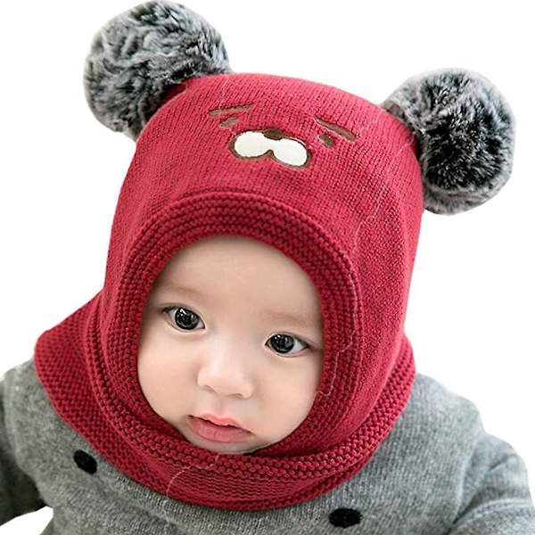 Baby slouchy-hattu Lämmin Söpö Karhu Talvihattu Huivi Hattu Neulottu Hattu Bobble Fleece Vuoratulla Pipo Hattu Wine red