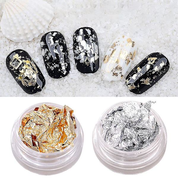 Foil Nail Art Sæt, negletilbehør til folieoverførsel, neglepaillette til dekoration, flage- og spejleffekt | Guld Og Sølv
