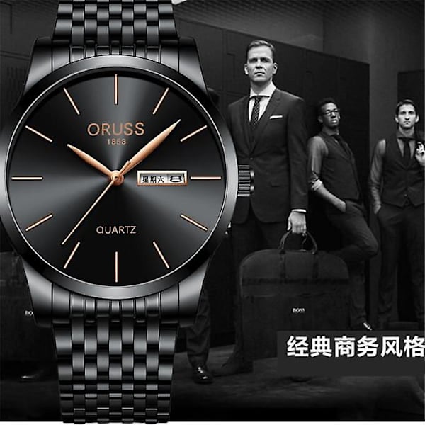 2022 New Thin Case Business Men Rostfritt stål Metall Doule Calendar svarta klockor