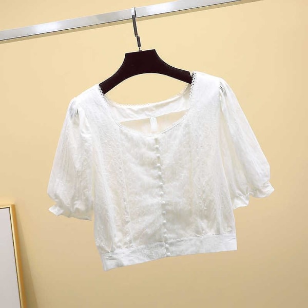 Koreansk chiffonbluse med solid firkantet krage topp dame lanternearm superkort dameskjorter kortermet topp White XXL