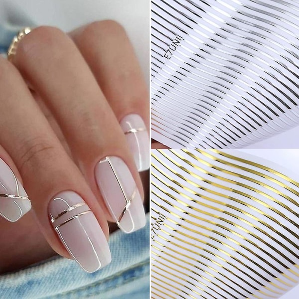 1 st Silver Gold Lines Stripe 3d Nail Sticker Geometrisk Waved Star Heart Self