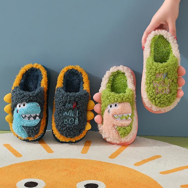 Cotton Slippers Indoor Warmth Cute Thick-soled Parent-child Plush Slippers Green 33-34