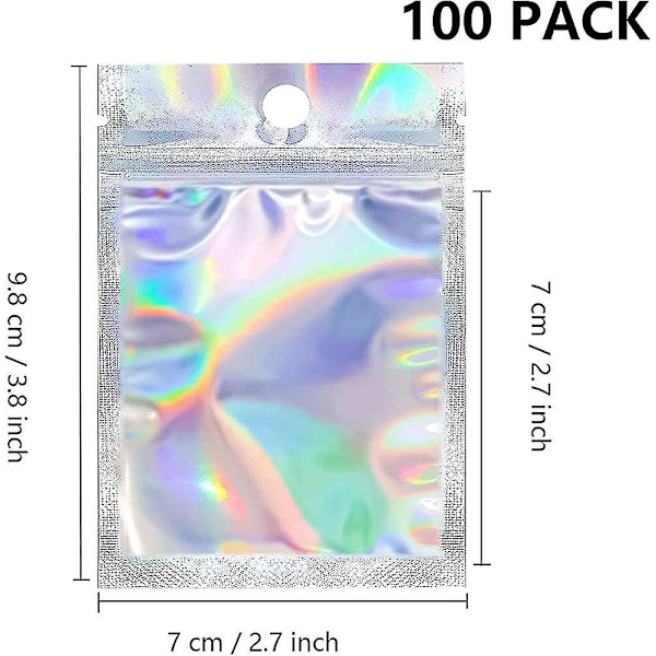 100 stk holografiske pakningsposer Små goodiebags Mylartasker Zip Lock Lugt