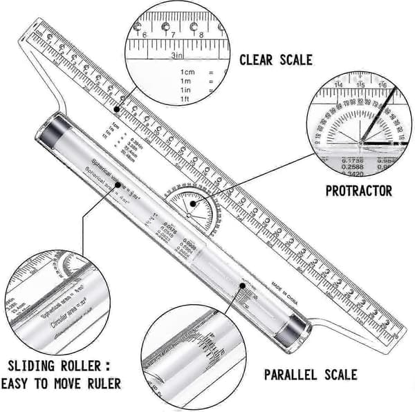 dele plastmålerullelineal, tegnerullelineal, parallel lineal, multifunktionel tegnedesignlineal til måling, tegning, studerende