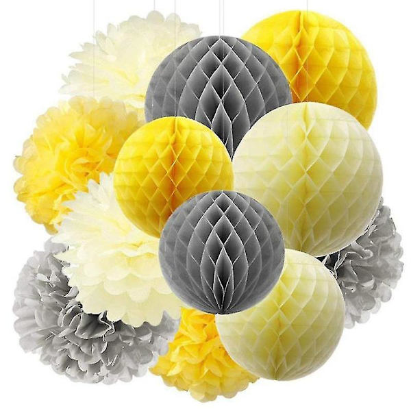 12 stk Bursdagsfest dekorasjonssett Bursdagsbakgrunn dekorasjonsutstyr Blomsterball Honeycomb Ball Papir Lanterne Hvit Gul Grå Sett