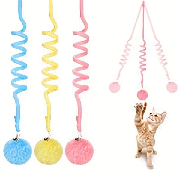 【BQ】3-pack infällbara kattleksaker med klockor, elastiska snören, fluffiga bollar, interaktiv lek, inomhusträning 3pcs
