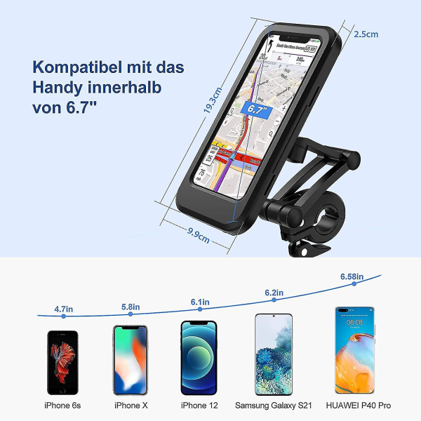Polkupyörän matkapuhelinteline, vedenpitävä älypuhelinteline kosketusnäytöllä, 360 kääntyvä, korkeussäädettävä iPhonelle Samsung Galaxy Huawei 6.7