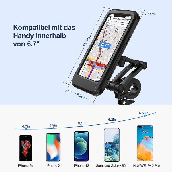Sykkel Mobiltelefonholder, Vanntett Smarttelefonholder Med Berøringsskjerm, 360  Roterbar, Høydejusterbar For Iphone Samsung Galaxy Huawei Til 6,7