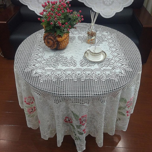 Pitsipöytäliina pyöreä valkoinen kädessä cover Tyylikäs ruokapöytä