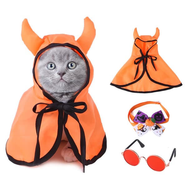 1 sæt kæledyrskappe Halloween kappe krave sæt sløjfe krave kat tyrehorn kappe sæt