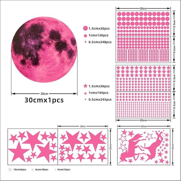 893 st Glow In The Dark-klistermärken - måne, enhörning, stjärnor och prickar för barnens sovrum Pink 30cm