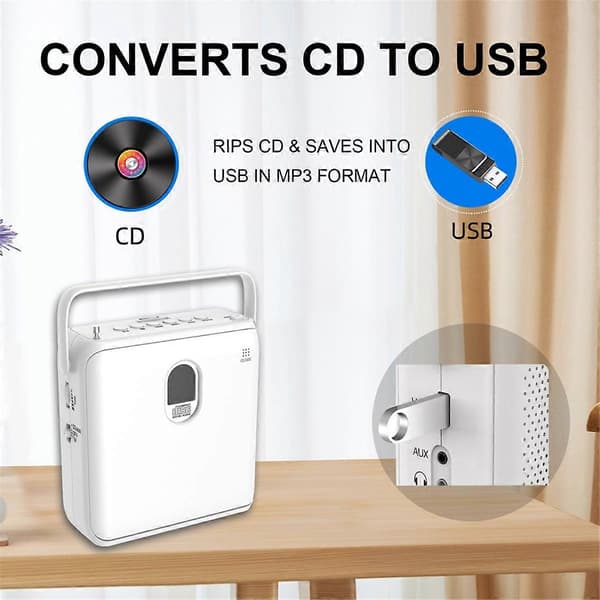 【BQ】Bärbar Bluetooth CD-spelare med vertikal design, CD-boomboxhögtalare, FM-radio, stöder USB, AUX-XF34- White