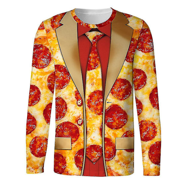 Hhcx-christmas Men Long Sleeve Pizza Elf Tuxedo Print T-shirt Xmas Novelty Top Yellow S