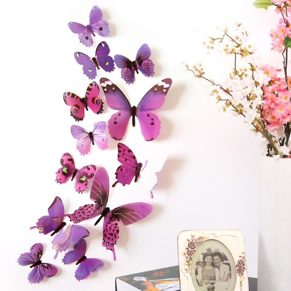 12 kpl / set 3d Butterfly Seinätarra Mural Tarra Kotitaustakuva Taide Koriste Purple