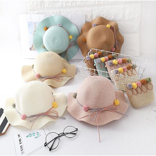 Sun Protection Kids Hat Girls Fashion Wave Straw Kids Cool Summer Beach Baby Storage Bag (hat And Bag) Beige