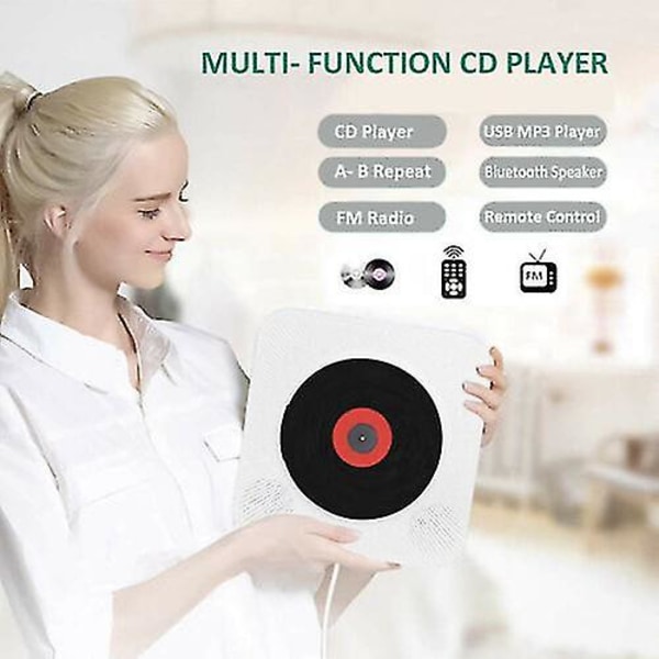 Väggmonterad CD-spelare Surround Sound Fm Radio Bluetooth USB Mp3 Disk Bärbar musikspelare Fjärrkontroll Stereohögtalare Hem White