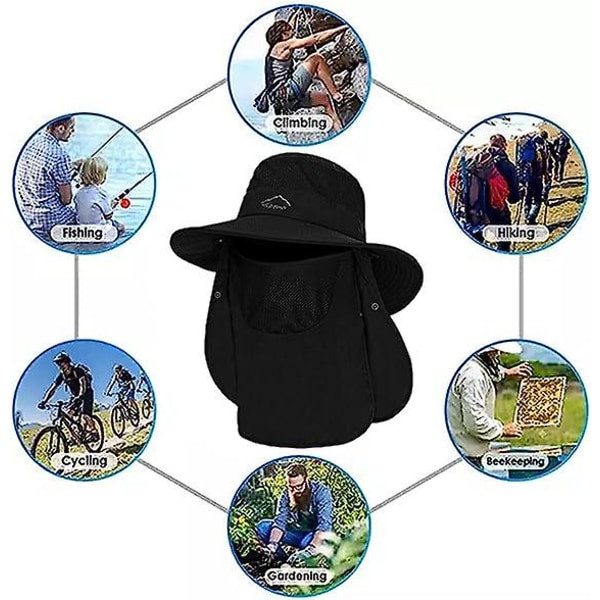 Fiskehat til mænd og kvinder, udendørs Uv-solbeskyttelse Bred skygget hat med ansigtsdæksel & nakkeklap black