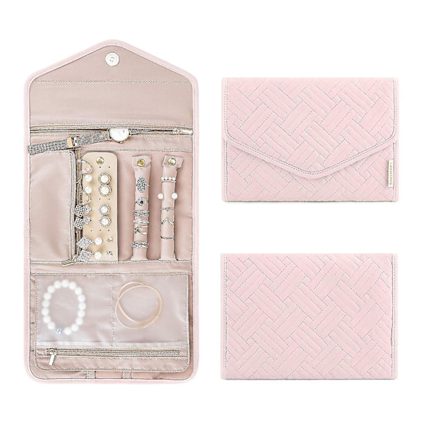 Rejsesmykkearrangørrulle Sammenfoldelig smykkeetui til rejse-ringe, halskæder, armbånd, øreringe Pink