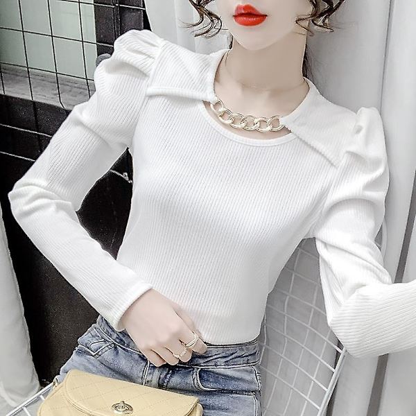 Koreansk Chic Kedja Skarvad Enfärgade Toppar Höst Damkläder Casual Puffärm Smal All-match O-ringad T-shirt Pullover XL Vit XL White