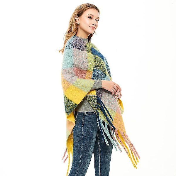 Grova fransar pullover mantel höst och vinter kvinnors förtjockade färg rutig sjal Blue 75cm