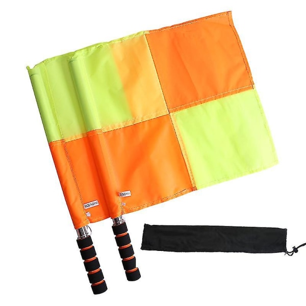 2 stk. linjedommer-dommerflag synlige, røde gule ternet flag-fodbold/fodbold