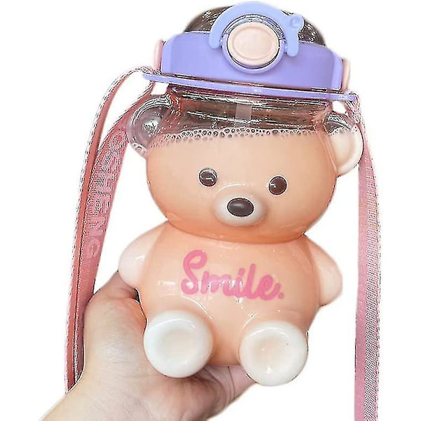 Bear vesipullo oljella, Kawaii vuotamaton vesikannu säädettävällä olkahihnalla retkeilymatkoille Purple 1000ml