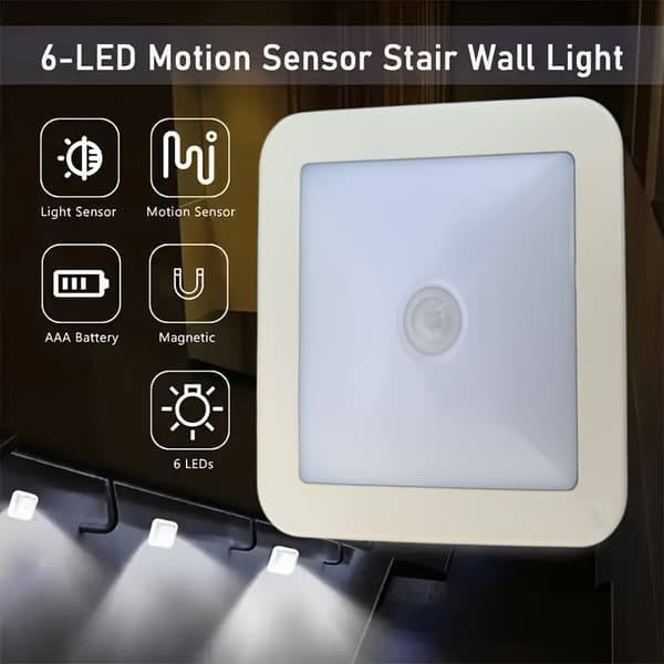 【BQ】Motion Sensor Stair Wall Light 6 LED Battery Operated Wireless Night Light for Under Cabinet Hallway Warm Light