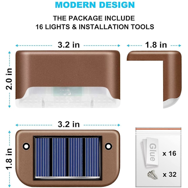 Solar Deck Lights 16 Pack Outdoor Step Lights Vedenpitävät Led Solar Lights Kaiteet Portaat Tikkaat Aidat Pihat ja käytävät Warm White 16PCS