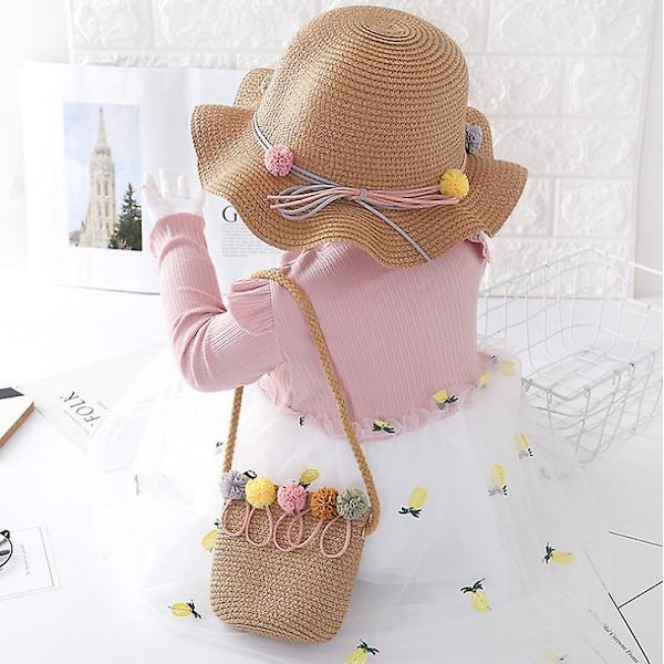 Sun Protection Kids Hat Girls Fashion Wave Straw Kids Cool Summer Beach Baby Storage Bag (hat And Bag) Khaki