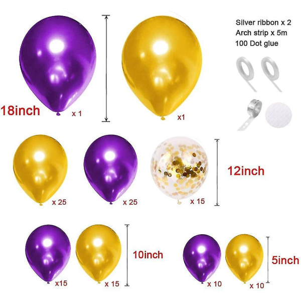 Purple Balloon Arch Garland Kit, 121 stk 18 tommers gull lilla festballonger 12 tommers gullkonfettiballonger Lateksballonger med ballongtilbehør