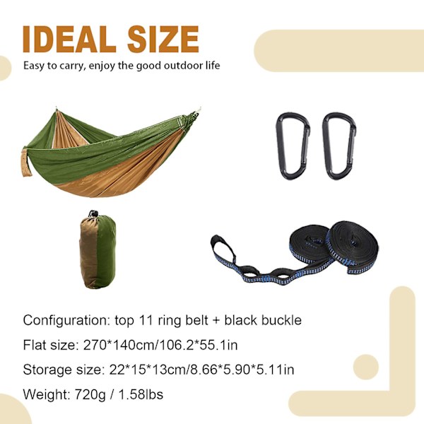 2 personers hängmatta, campinghängmatta, bärbar hängmatta, resehängmatta, dubbel hängmatta med trädrem och karbinhake, perfekt hängmatta för barn Olive green