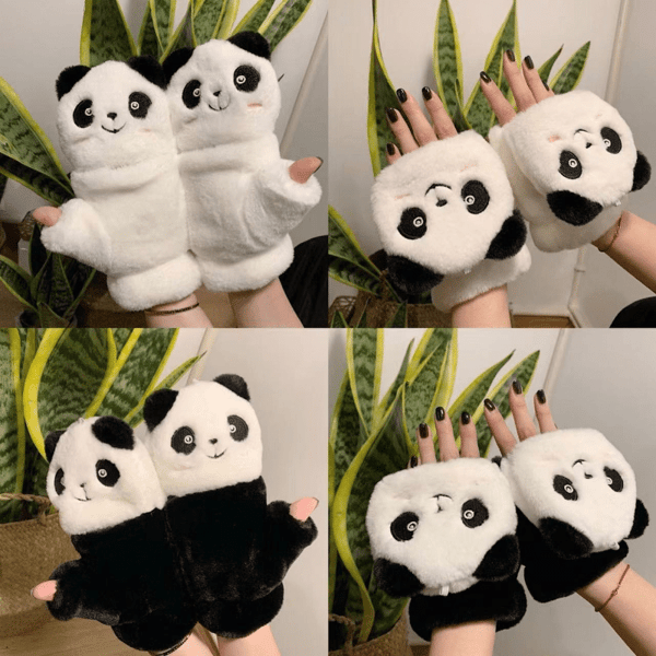 【BQ】Panda-tema Plysj Vinterhandsker - Konvertible Strikkede Flip Top, Spandex og Polyester Sort Black 2