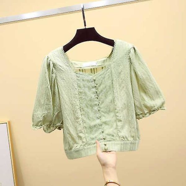Korean sifonkipusero Solid Neliömäinen Kaulustoppi Nainen Lyhtyhihainen Superlyhyet Naisten Paidat Lyhythihainen Top Green XL