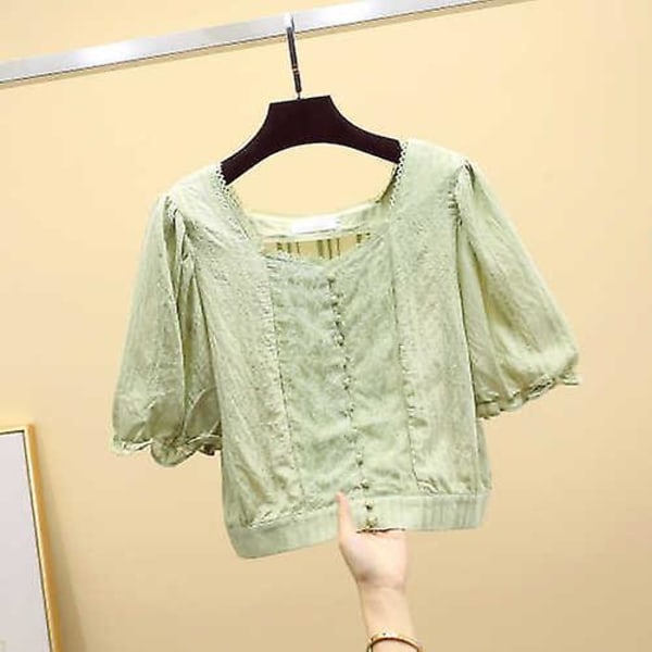 Koreansk chiffonbluse med solid firkantet krage topp dame lanternearm superkort dameskjorter kortermet topp Green S